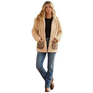 Jacket Sherpa Fleece Beige Leopard Trim Long Sleeve Full Zip Cozy Sz M Pockets